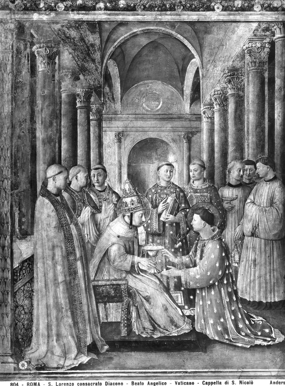 Pope Sixtus II (d.258) Confers the Diaconate on St. Lawrence (d.258) from the Chapel of Nicholas V  av Fra Angelico