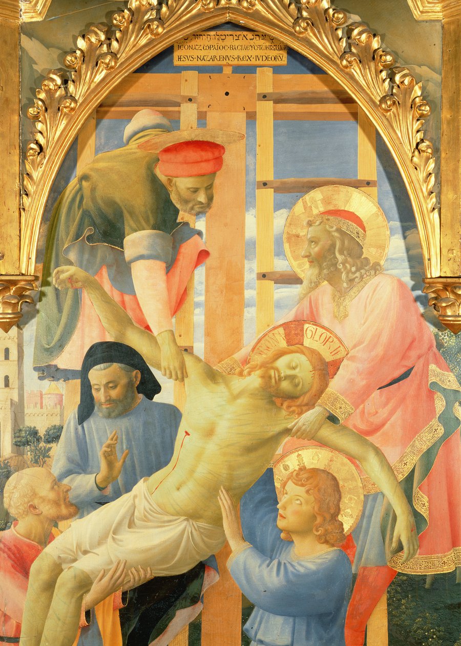 Santa Trinita altartavla, detalj av den döde Kristus som sänks från korset, c.1434 tempera & guld på panel av Fra Angelico