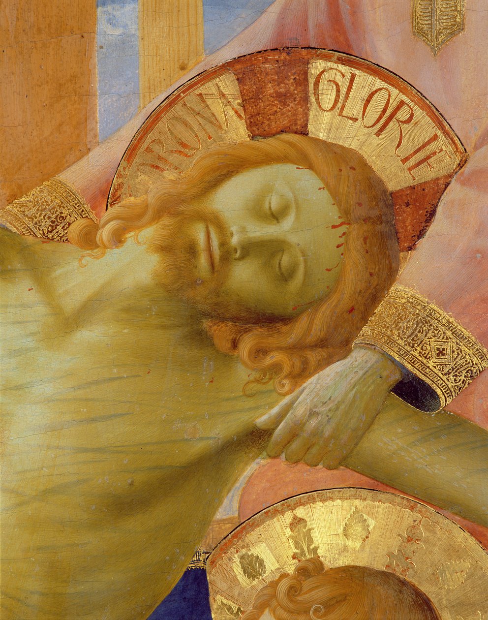 Santa Trinita altartavla, detalj av den döde Kristus huvud, c.1434 tempera & guld på panel av Fra Angelico
