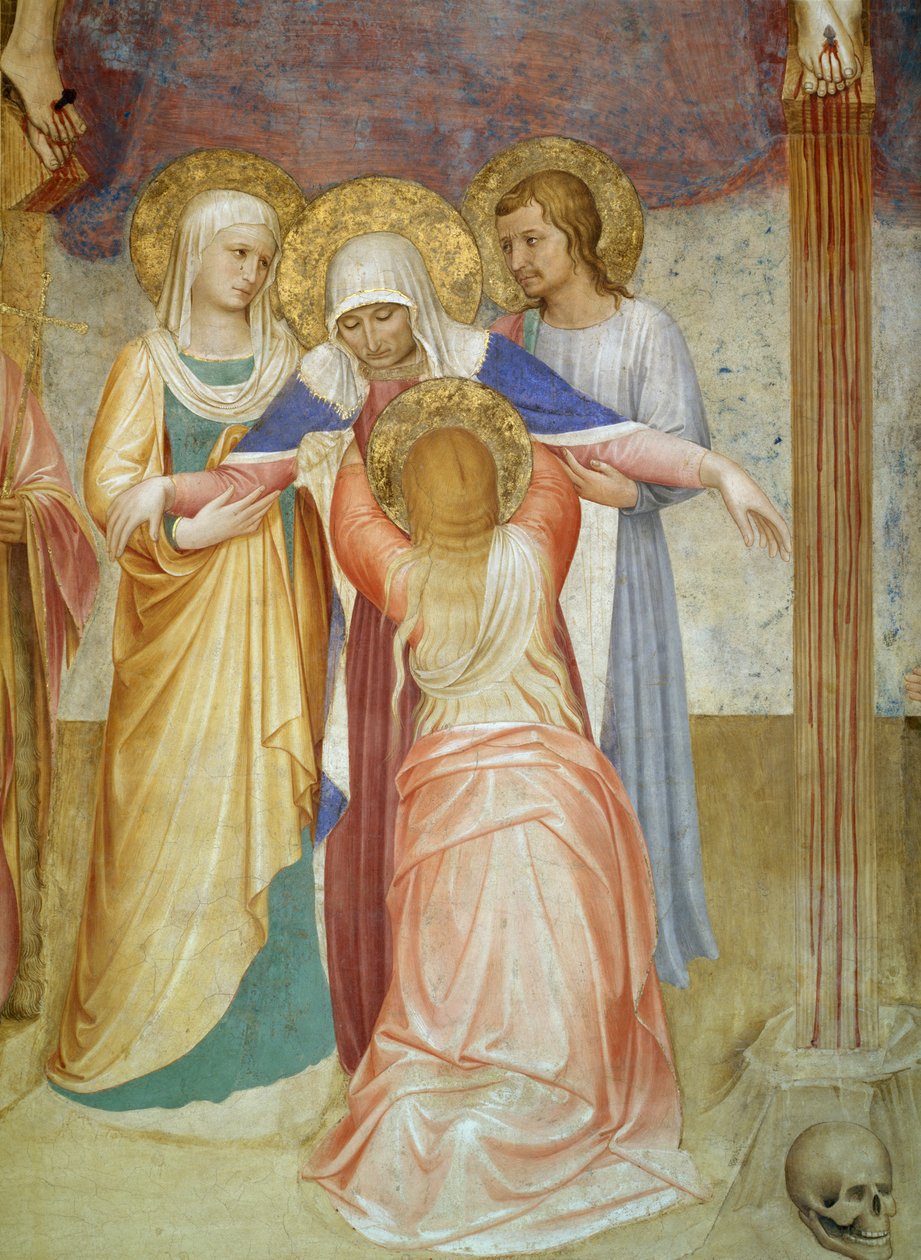 Korsfästelsen, detalj av jungfrun och assistenter från kapitelhuset, 1441-42 fresk av Fra Angelico