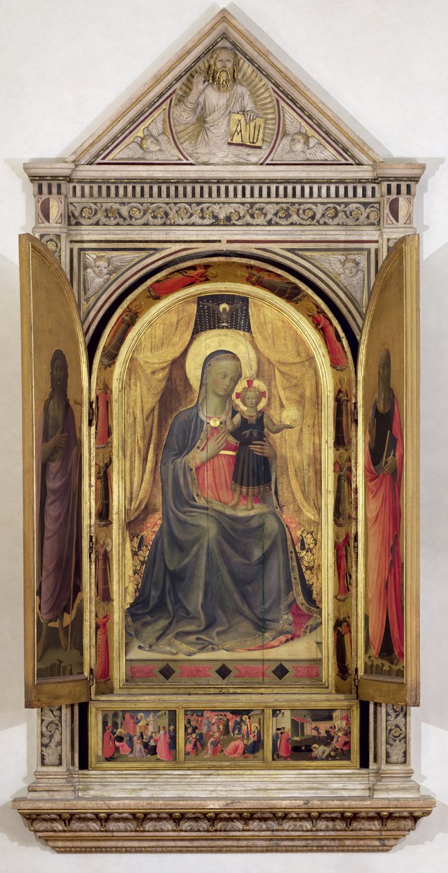 Linaiuoli-triptyken (med öppna fönsterluckor): Jungfrun och barnet tronar tillsammans med Johannes Döparen och Markus, 1433 (tempera på panel) (för detaljer se 119416). av Fra Angelico