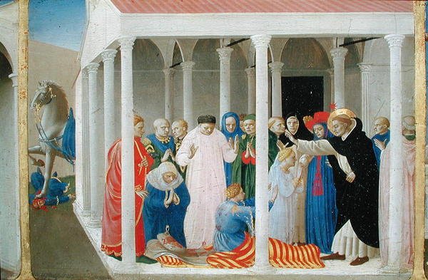 The Resurrection of Napoleon Orsini av St. Dominic, från predellapanelen av Jungfruns kröning, ca 1430-32 (tempera på panel) av Fra Angelico