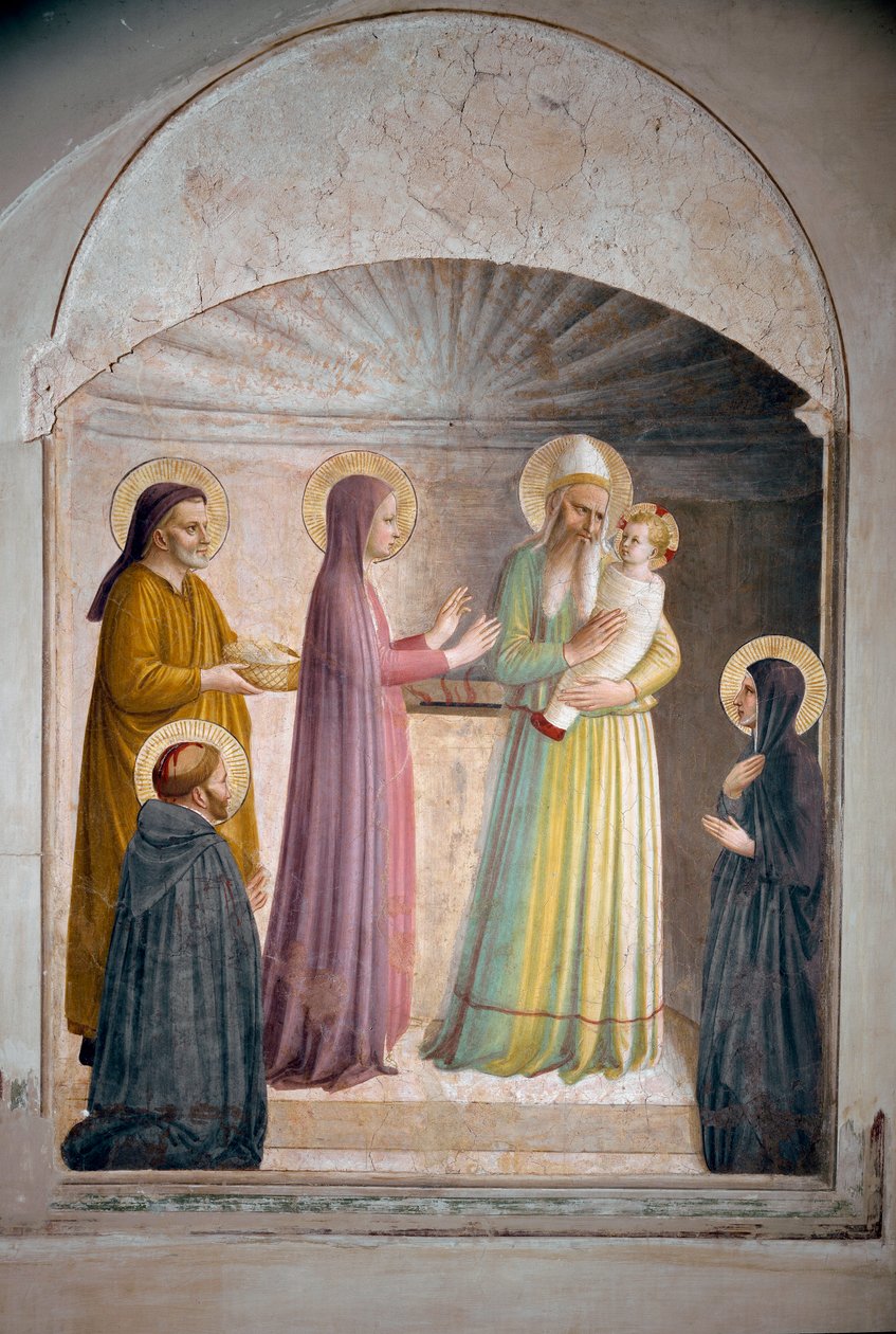 Presentationen av Kristus i templet. Sankt Peter, martyr, och dominikanska nunnan Villana, observerar den bibliska scenen. Fresk av Guido di Pietro av Fra Angelico