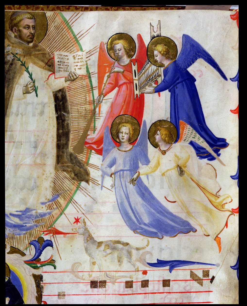 ds 558 f.67v St. Dominic med fyra musikaliska änglar, från en gradual från San Marco e Cenacoli velängdetalj av 88937 & 79797 av Fra Angelico