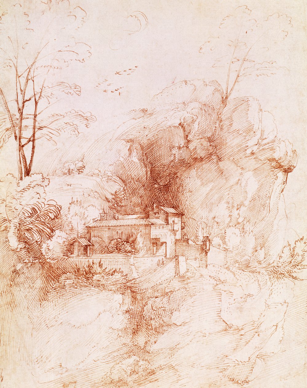 Stenigt landskap med kloster, teckning av Fra Bartolomeo (1472-1517). av Fra Bartolomeo
