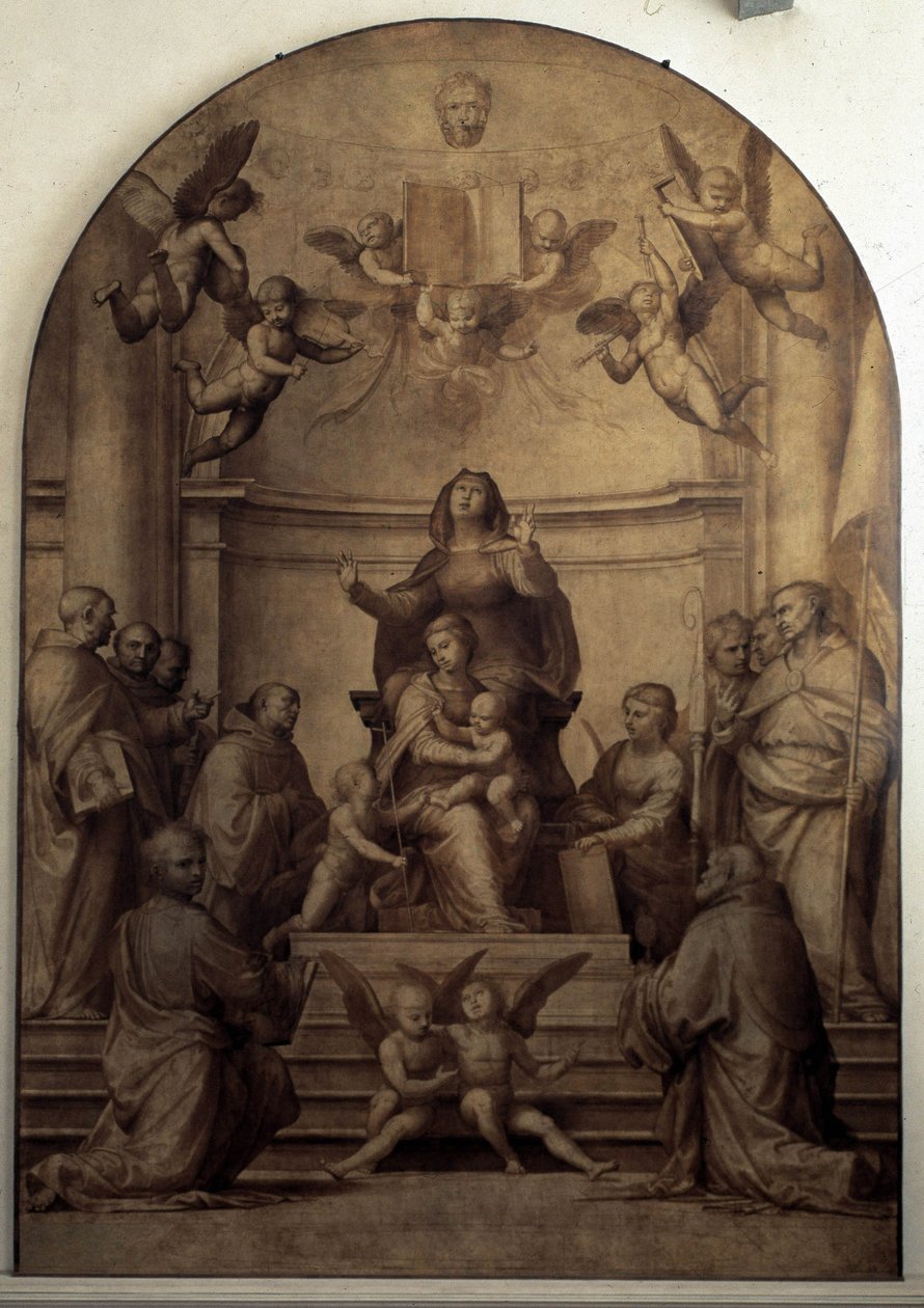 Pala del Gran Consiglio representerar Sankta Anna, Jungfrun och barnen Jesus och Johannes Döparen omgiven av heliga. av Fra Bartolommeo