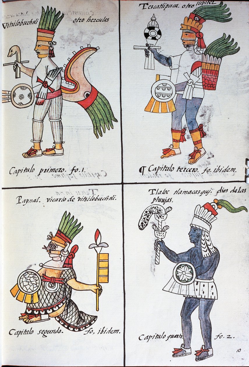 Forntida mexikaners gudar, Huitzilopochtli, Tezcatlipoca, Tlaloc och Paynal, text på spanska, från faksimil av manuskriptet General History of Things of New Spain, även känd som Florentine Codex, av Bernardino de Sahagun av Fra Bernadino da Sahagun
