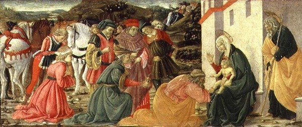 The Adoration of the Magi, en predella-panel (tempera på panel) av Fra Diamante