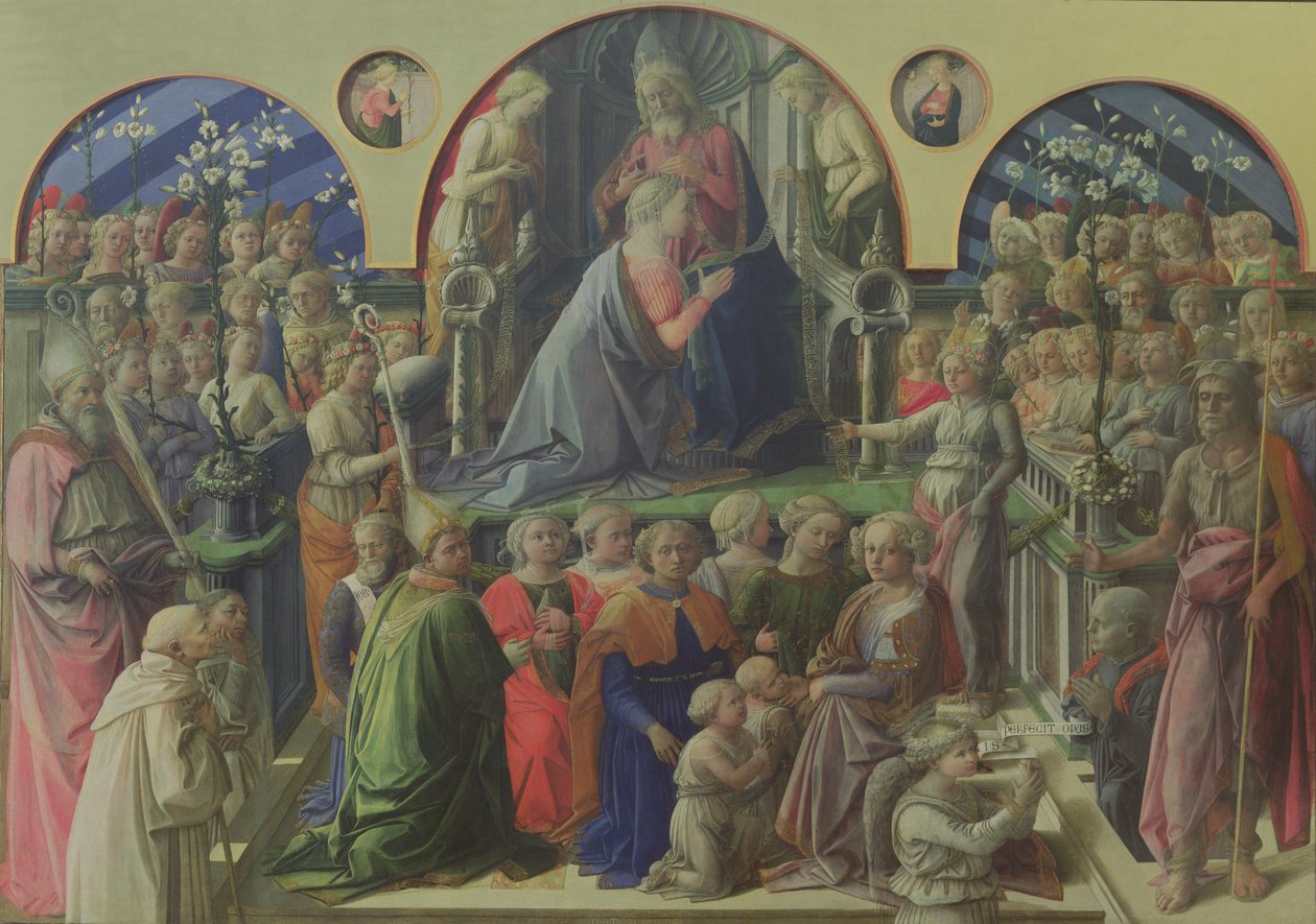 Jungfruns kröning med heliga och änglar, 1441-47 (tempera på panel) av Fra Filippo Lippi