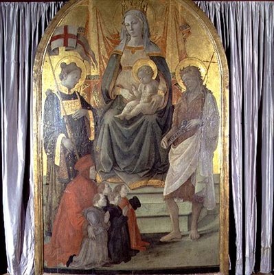 Madonna och Child Enronade med SS. Stephen, Johannes Döparen, Francesco Datini (ca 1335-1410) och familjen Ceppo av Fra Filippo Lippi