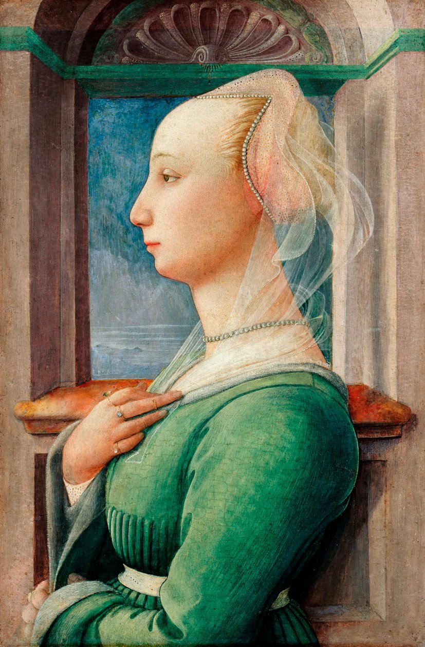 "Profilporträtt av en ung kvinna" Målning på trä av Filippo Lippi (1406-1469), ca 1445 - Olja på trä, 49,5x32,7 - Staatliche Museen, Berlin av Fra Filippo Lippi