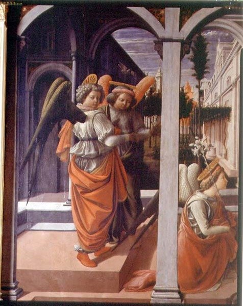 Bebådelsen, detalj av de två änglarna av Fra Filippo Lippi
