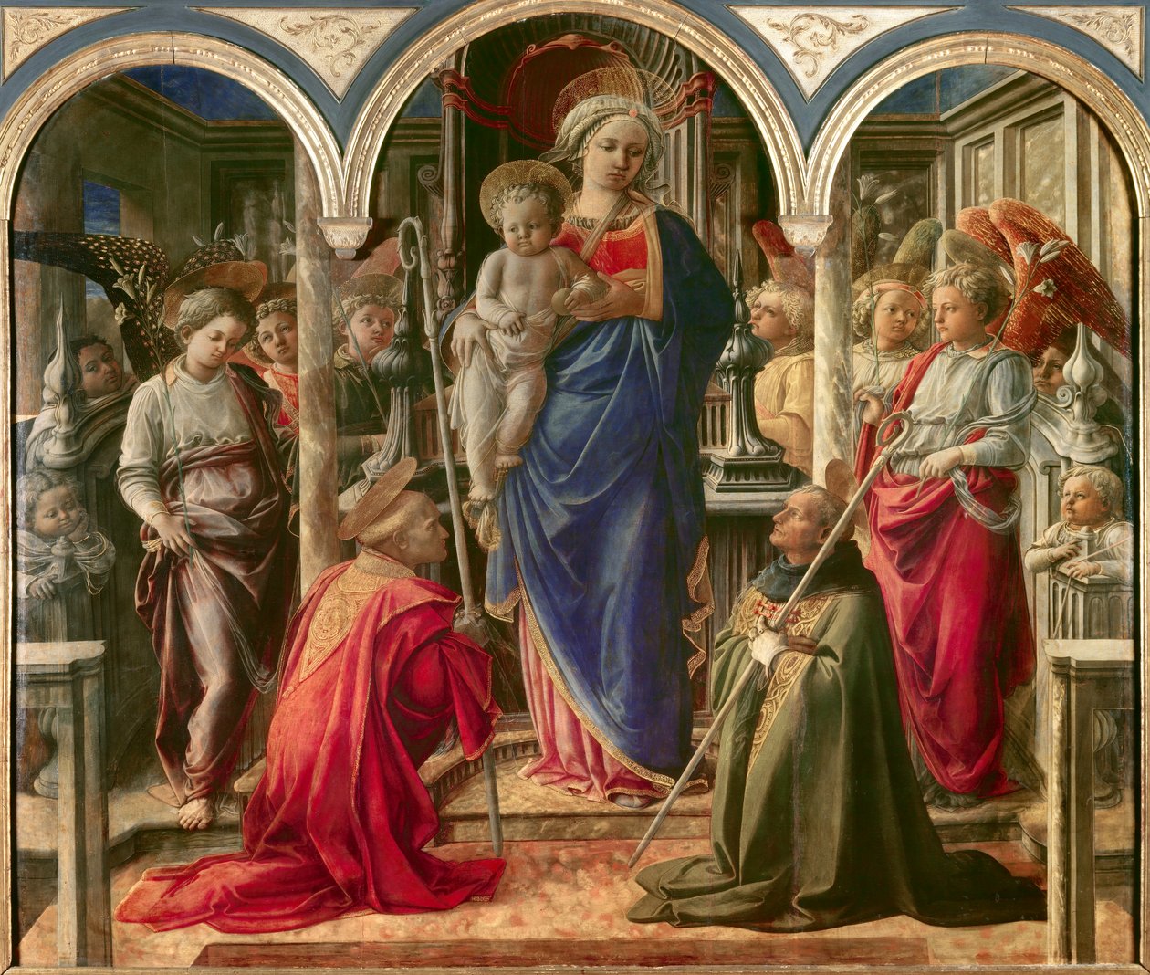 Jungfrun och barnet omgiven av änglar, St. Frediano (Fridianus av Lucca eller Frigidanus, Frigidian, Frygian) och St. Augustine, känd som Pala Barbadori, altartavla av Filippo Lippi (1406-1469) 1437-1 Sponsrad av Barbadori-familjen för baren av Fra Filippo Lippi