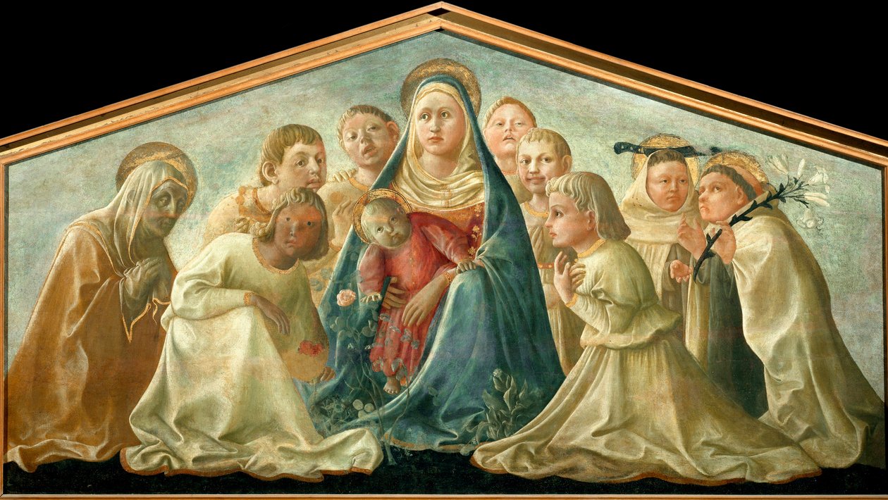 Den ödmjukas jungfru omgiven av helgon och änglar Målning av Filippo Lippi (ca 1406-1469) 1432 ca. Sol. 89x167,5 cm Milano, Musei del Castello av Fra Filippo Lippi