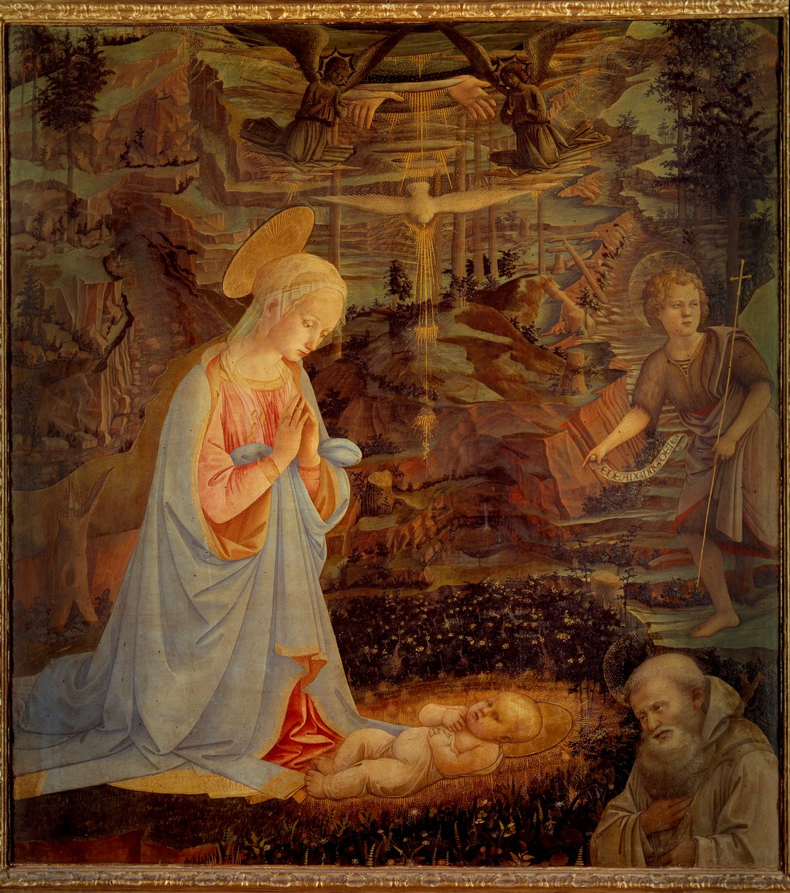 Jungfrun, Jesusbarnet, Johannes Döparbarnet och Sankt Bernhard av Clairvaux (San Bernardo di Chiaravalle) (1090 - 1153) Den sistnämnde var grundaren av cistercierorden och den första beskyddaren av Tempelherreorden. Detrempe på w av Fra Filippo Lippi