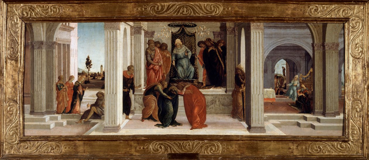 Tre scener ur Esters berättelse: Mardochee (eller Mordekhai eller Mordecai) klagar, Esters svimning, Aman (Haman) ber om hans nåd. Målning på trä av filippinska Lippi (1457-1504) Sön. 0,48x1,32 m av Fra Filippo Lippi
