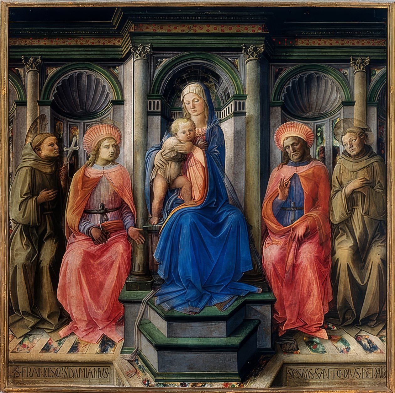 Maria tronade med barnet och helgonen Franciskus av Assisi, Damianus, Kosmas och Antonius av Padua. 1442 av Fra Filippo Lippi