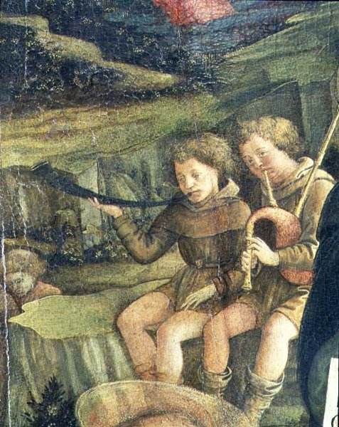 Två musikaliska herdar, detalj från The Nativity, 1470 av Fra Filippo Lippi
