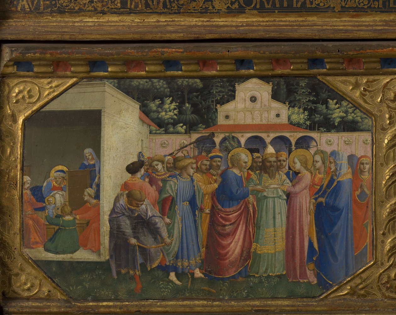 Maria och Josef Bebådelsen återupprättande med 5 Predella-scener, 1430-1432 av Fra Giovanni Angelico da Fiesole