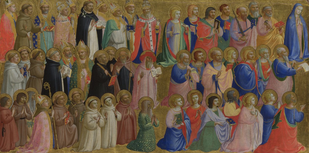 Jungfru Maria med apostlarna och andra heliga panel från Fiesole San Domenico altartavla, ca. 1423-1424 av Fra Giovanni Angelico da Fiesole