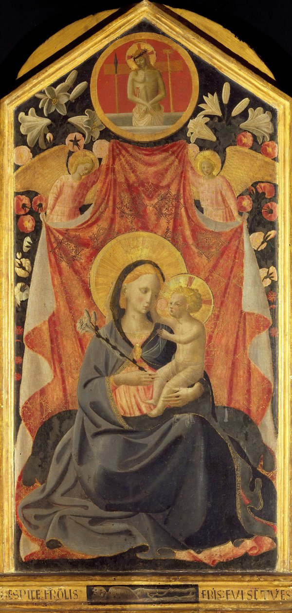 Jungfrun och barnet med två änglar. av Fra Giovanni Angelico da Fiesole