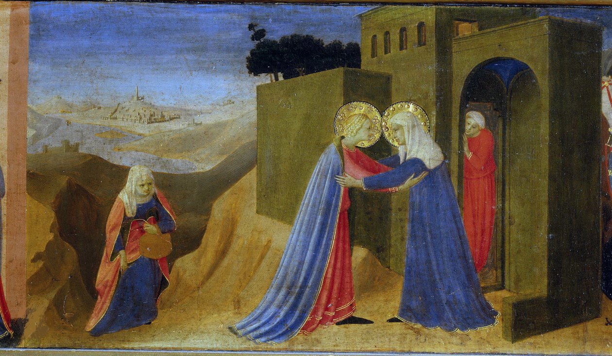 Besöket. Predella av altartavlan Bebådelsen, ca. 1433-1434. av Fra Giovanni Angelico da Fiesole
