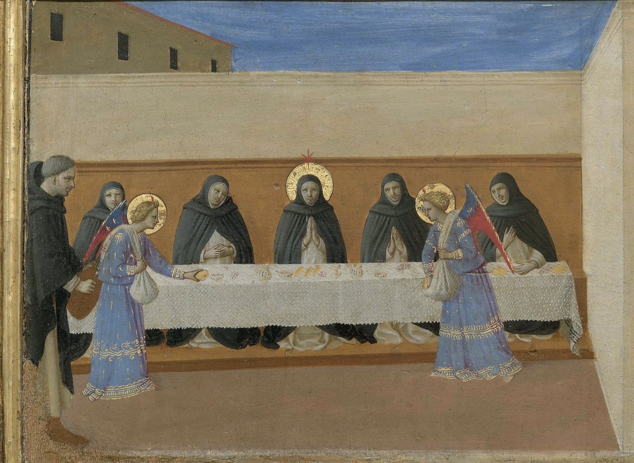 Änglarna serverar middag åt bröderna. Cortona Polyptych detalj av predella, ca 1437. av Fra Giovanni Angelico da Fiesole