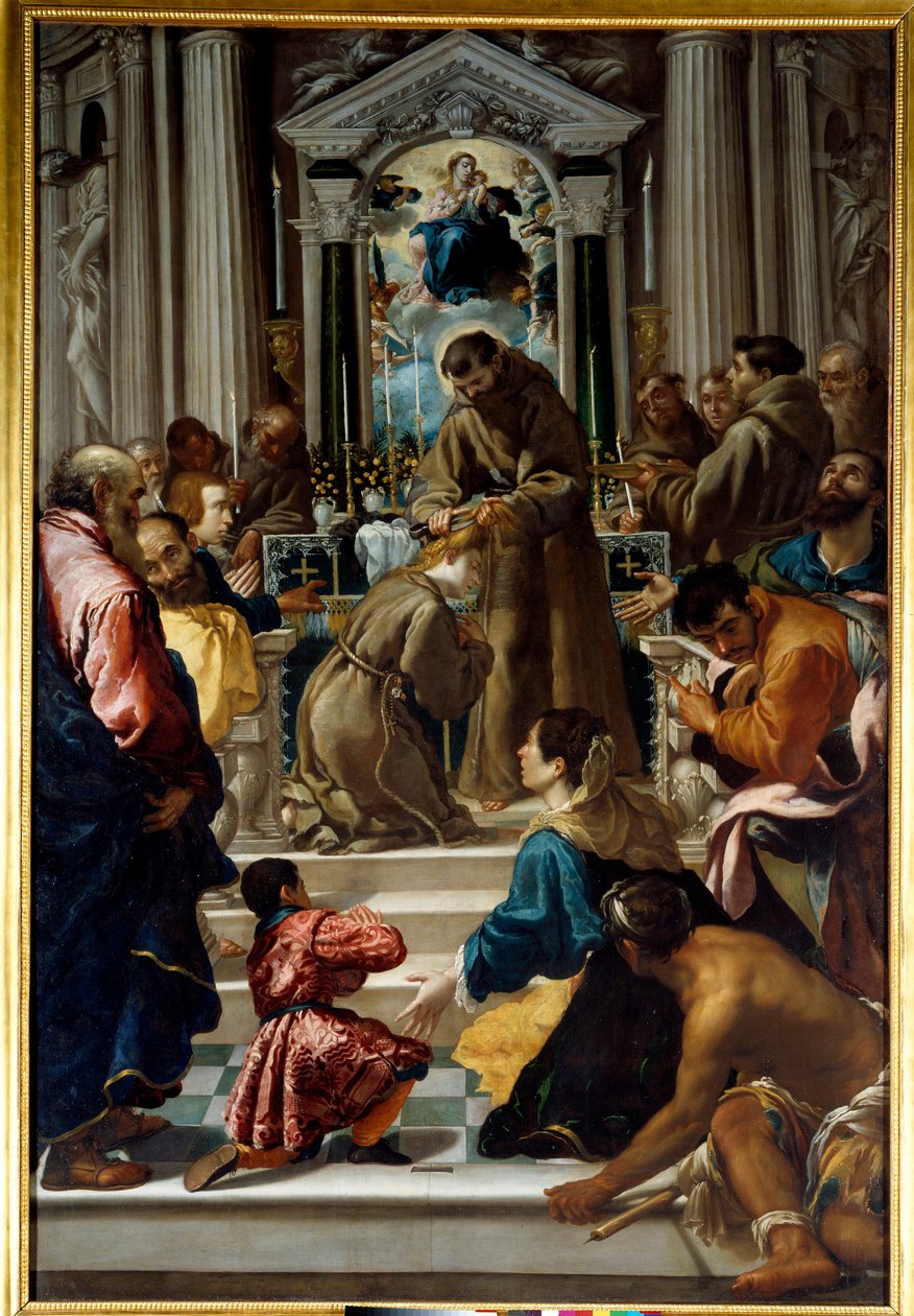 Saint Francois av Assisi (1181-1223) klipper håret på Saint Claire (1193-1253). Målning av Semplice De Verona (1589-1654) Ec. Ital. av Fra Semplice da Verona