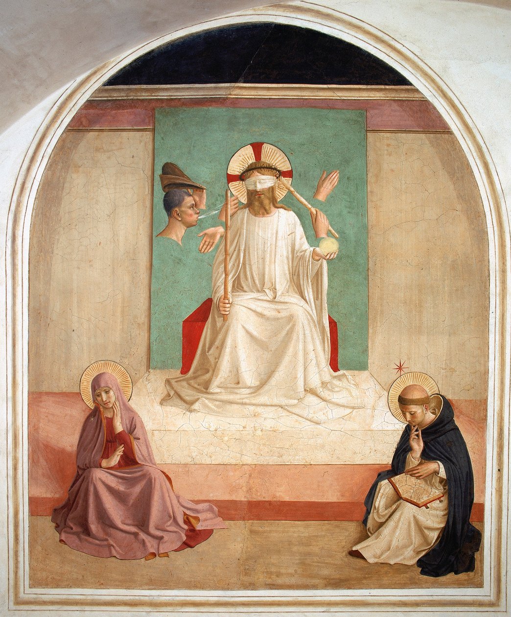 Kristus hånad i närvaro av Jungfrun och Saint Dominic av Fra school of Angelico