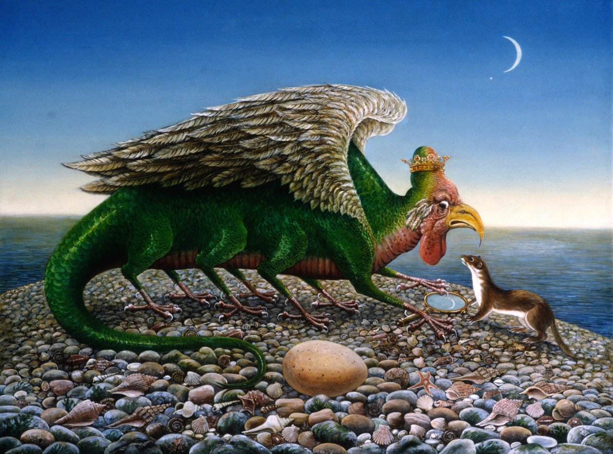 Basilisk, 1986 (oljor och tempera på papper) av Frances Broomfield