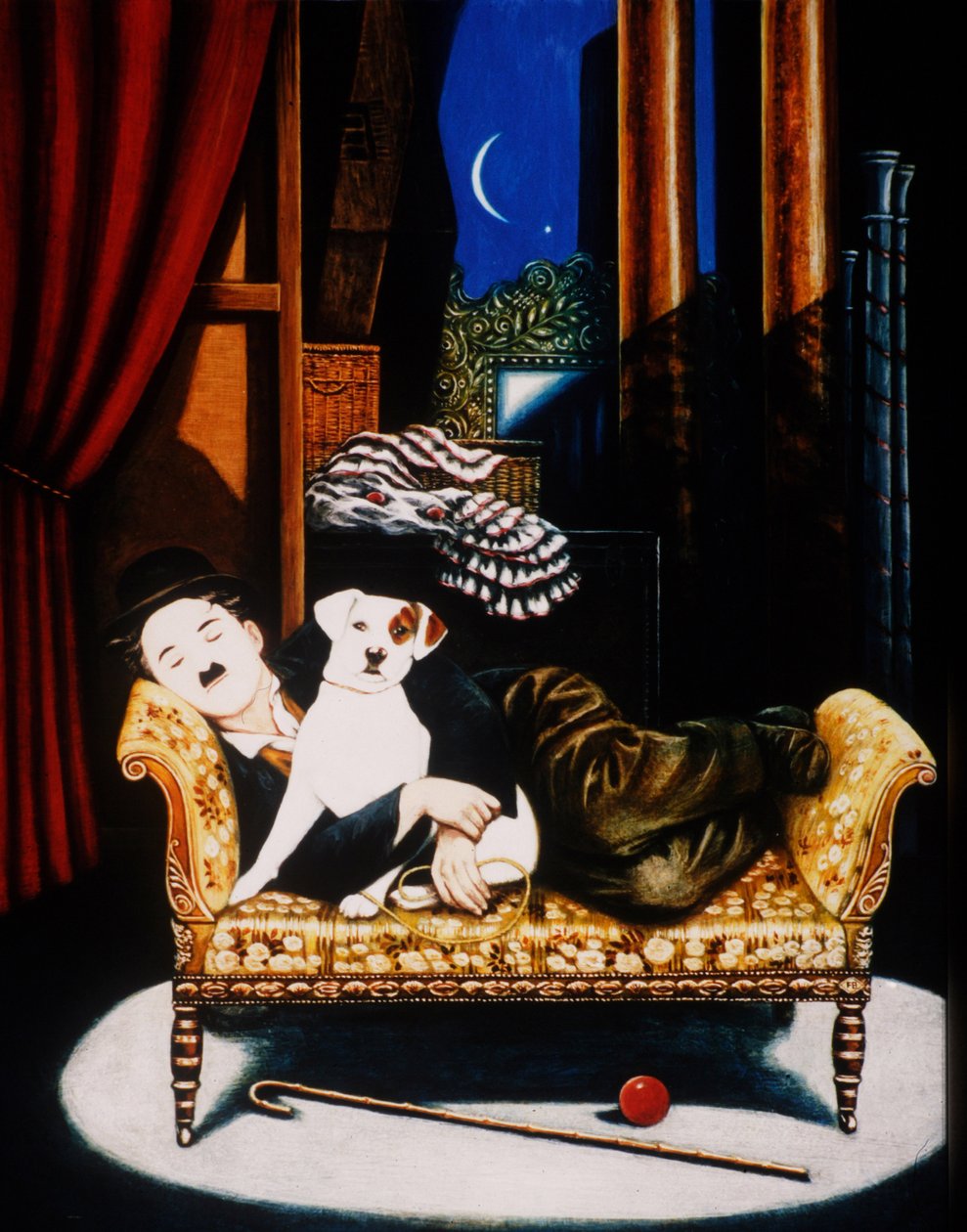 Charlie Chaplin and Scraps, 1992 (oljor och tempera på panel) av Frances Broomfield