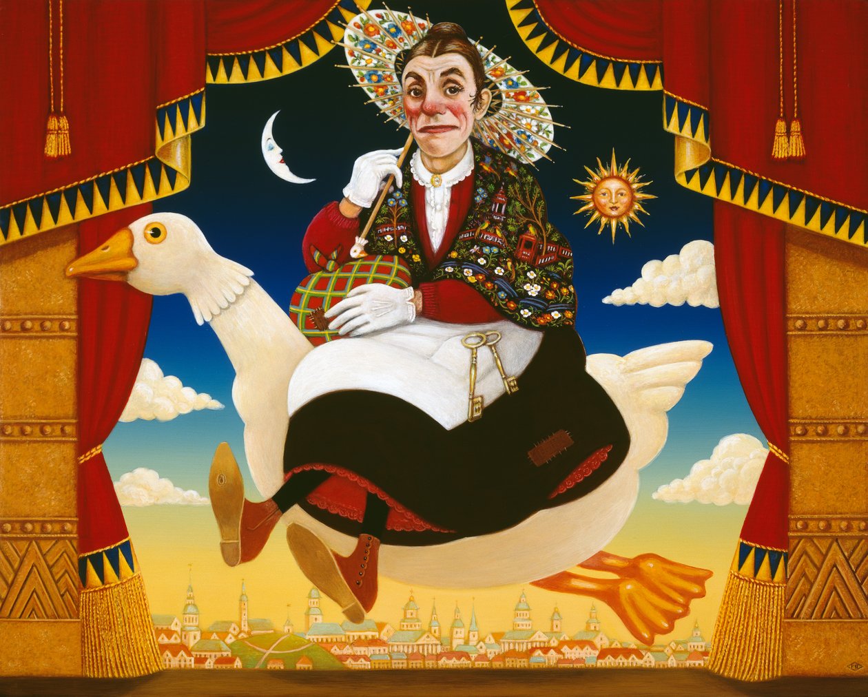 Dan Leno (1860-1904) som Mother Goose, 1996 (olja och tempera på panel) av Frances Broomfield