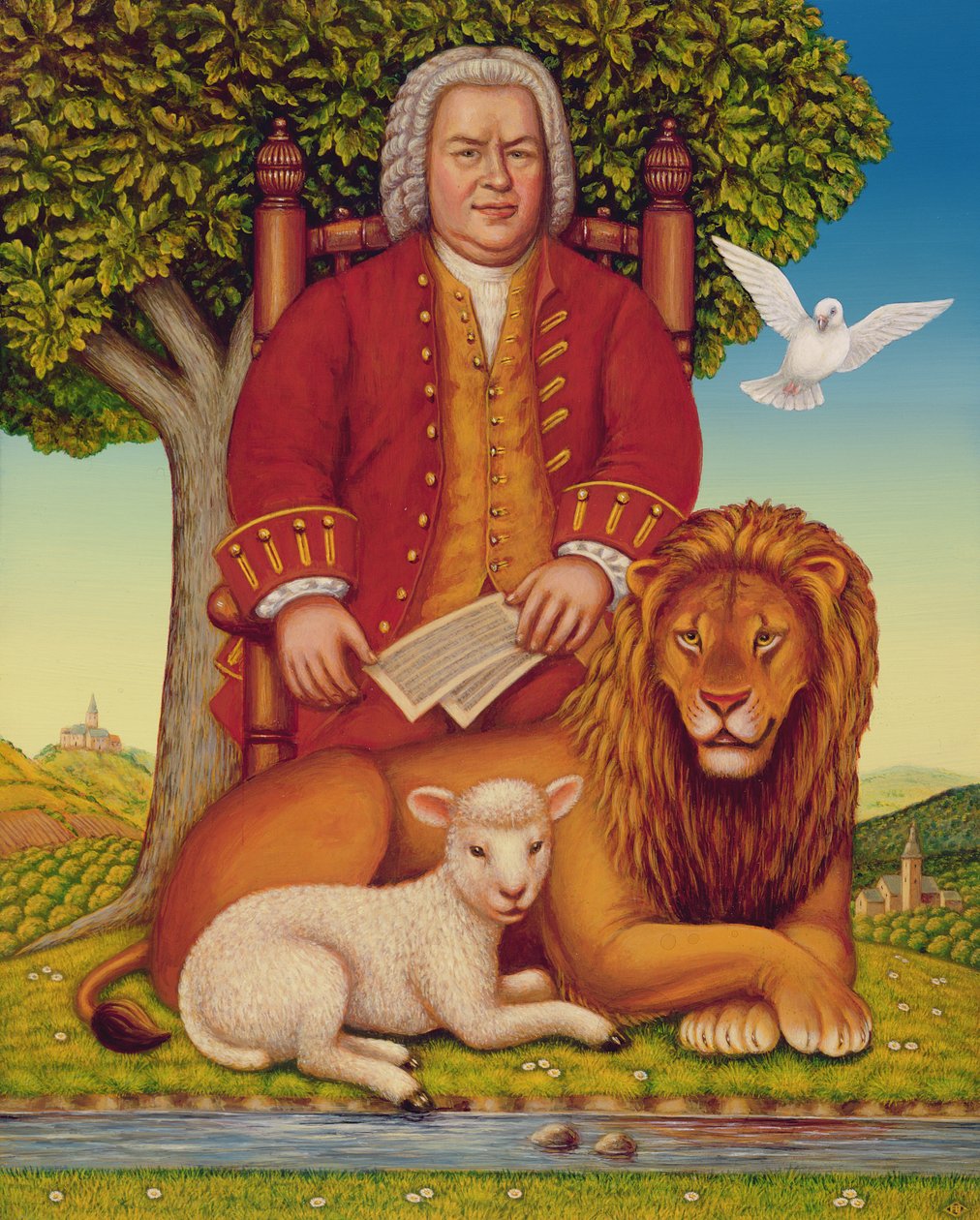 J.S. Bach (1685-1750) Peaceable Kingdom, 2000 (olja och tempera på panel) av Frances Broomfield