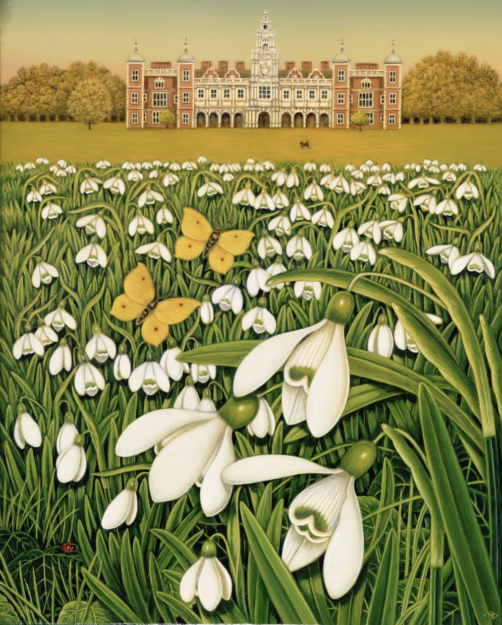 Snowdrop Day, Hatfield House, 1999 (olja och tempera på fältet) av Frances Broomfield
