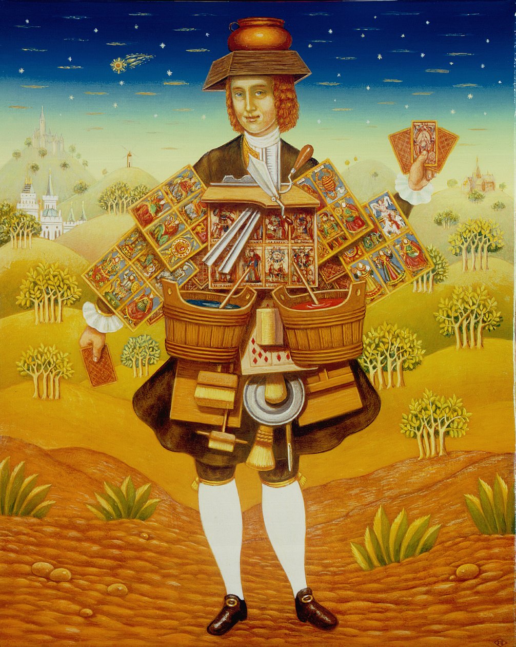 Kortsäljaren, 2003 (olja och tempera på panel) av Frances Broomfield