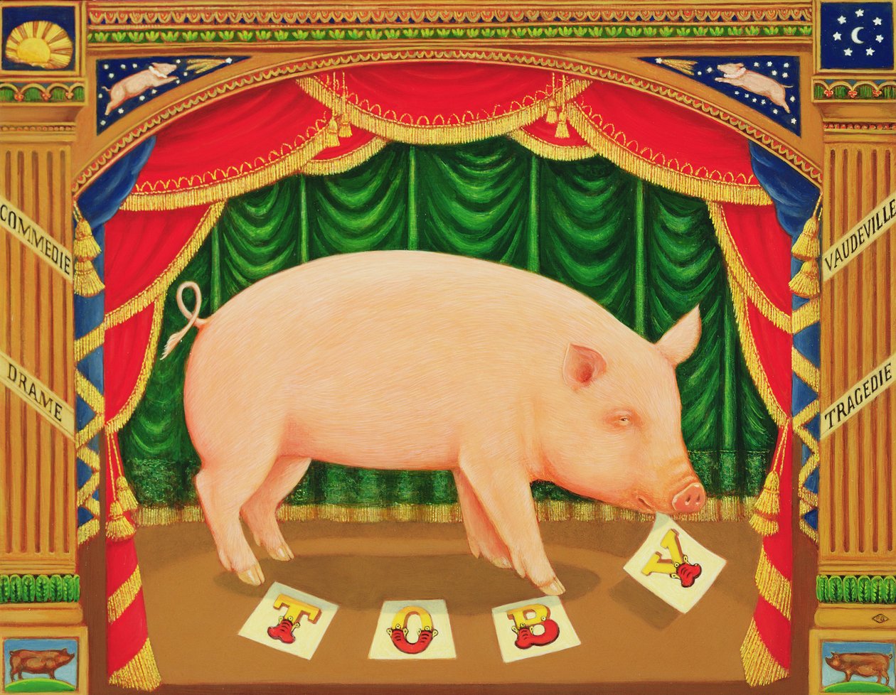 Toby the Learned Pig, 1998 (olja och tempera på panel) av Frances Broomfield
