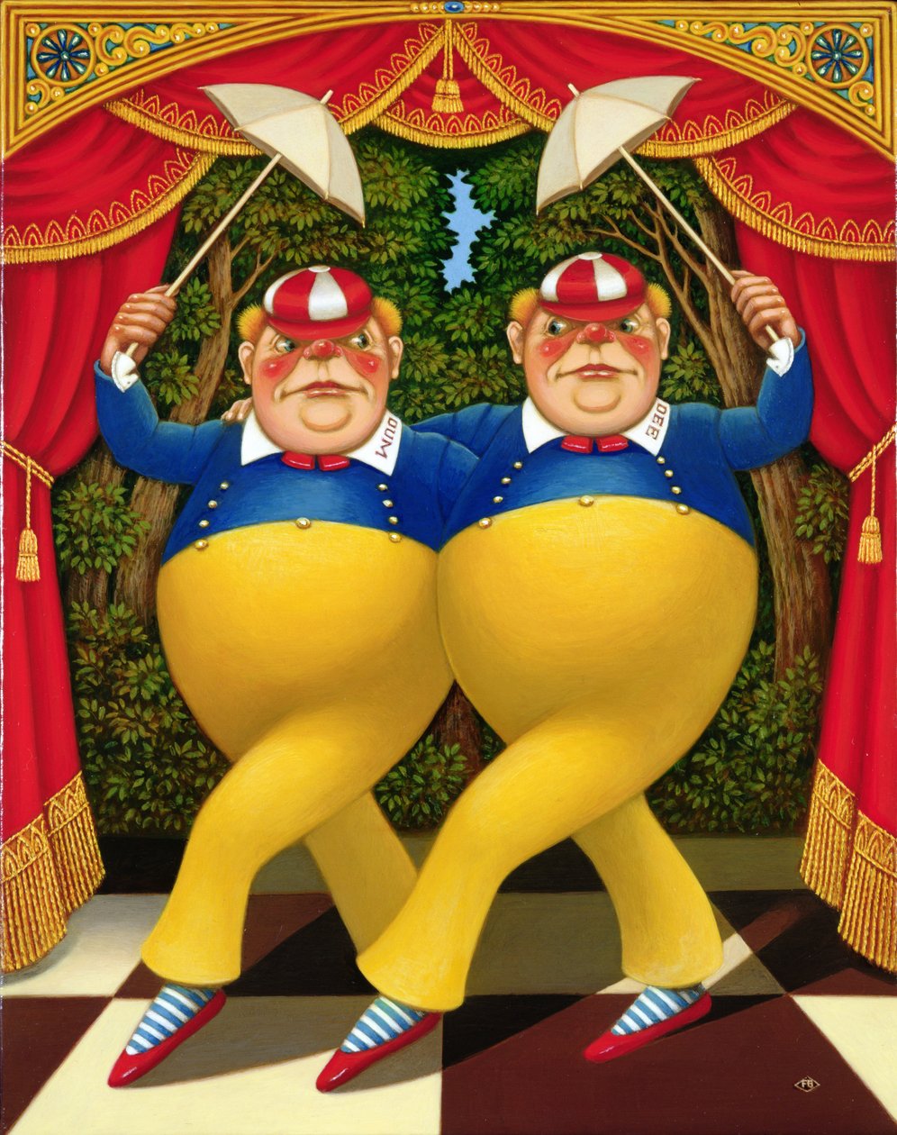 Tweedledum och Tweedledee, 1998 (olja och tempera på panel) av Frances Broomfield