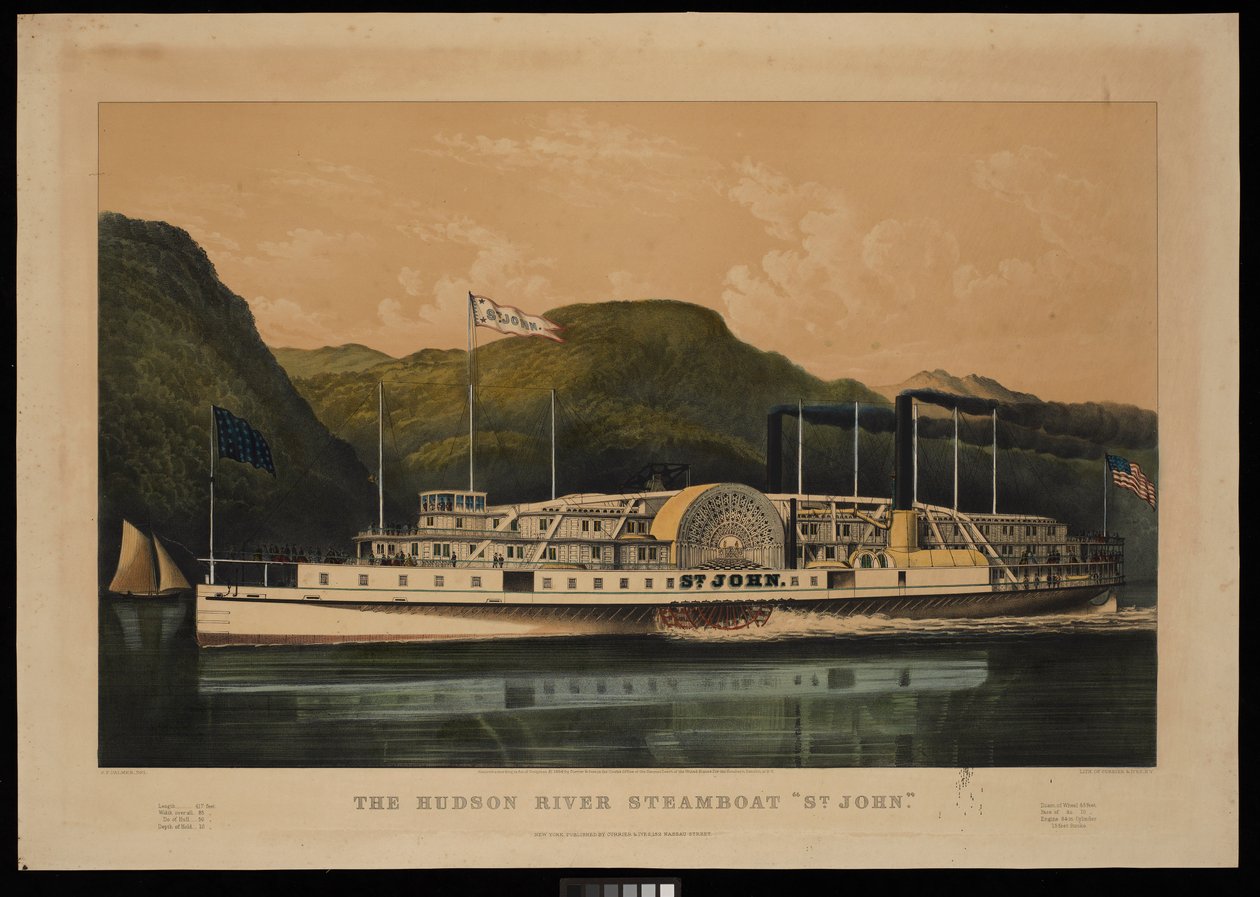 Ångbåten St John på Hudsonfloden (litografi, färglagd) av Frances Flora Bond (c.1812 76) (after) Palmer