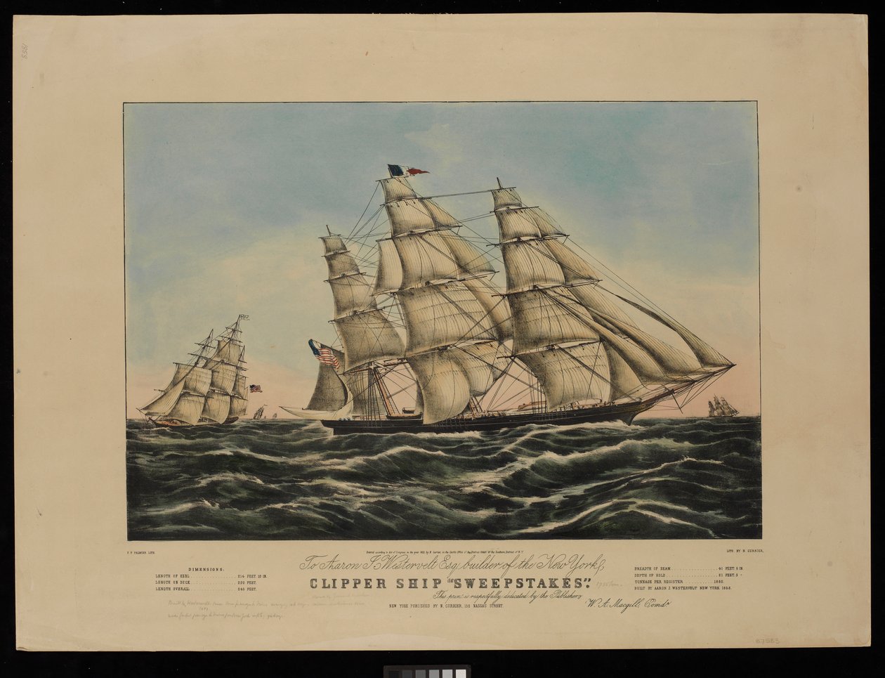 Till Aaron J Westervelt Esq. byggare av New York clipper ship Sweepstakes tillägnas detta tryck respektfullt av utgivarna..., litografi, färg (litografi, färg) av Frances Flora Bond (c.1812 76) (after) Palmer