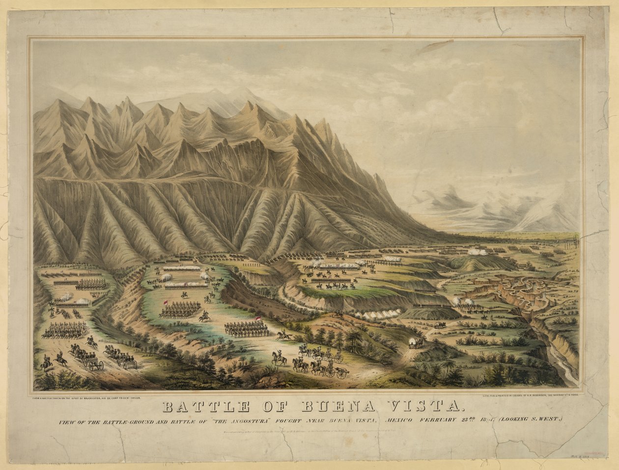 Förberedelser för slaget vid Buena Vista även känt som slaget vid Angostura, mellan general Zachary Taylor och general Antonio Lopez de Santa Annas trupper, 23 februari av Frances Flora Bond (c.1812 76) Palmer