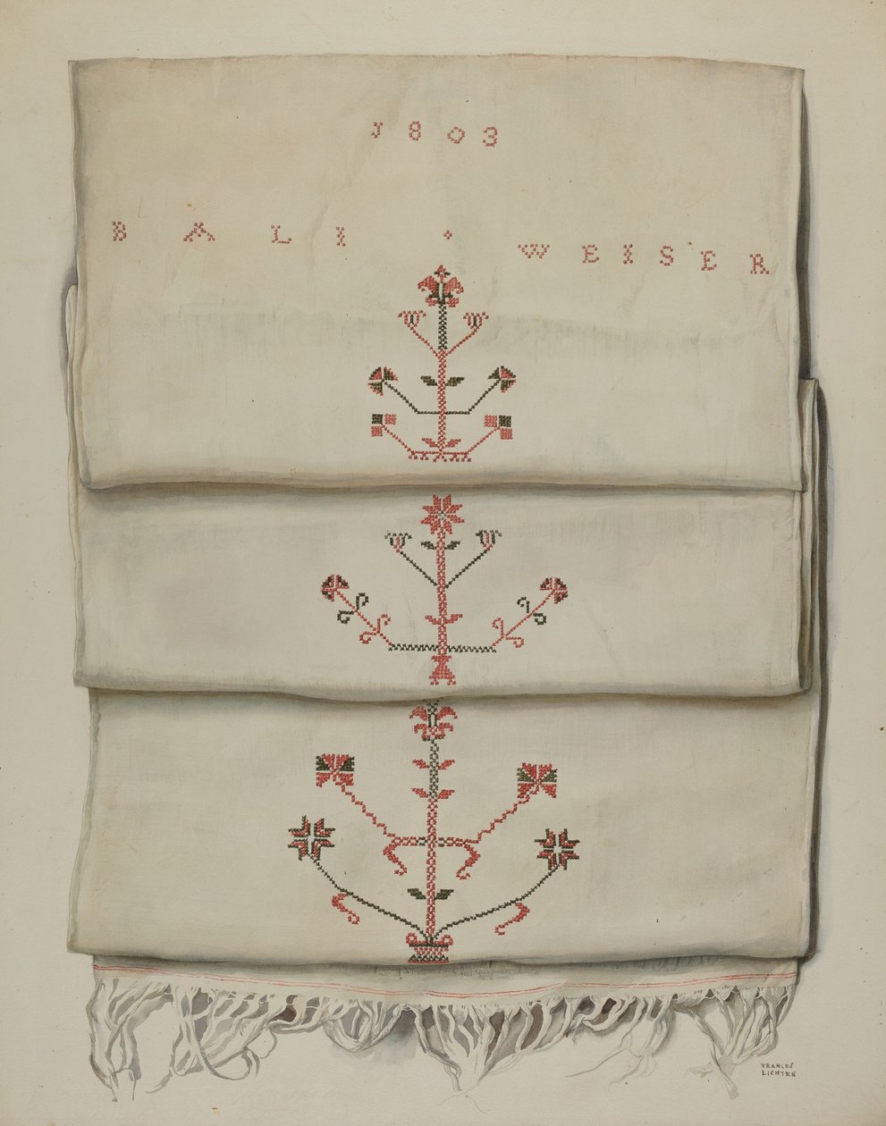 Pa. Tyska broderad handduk av Frances Lichten
