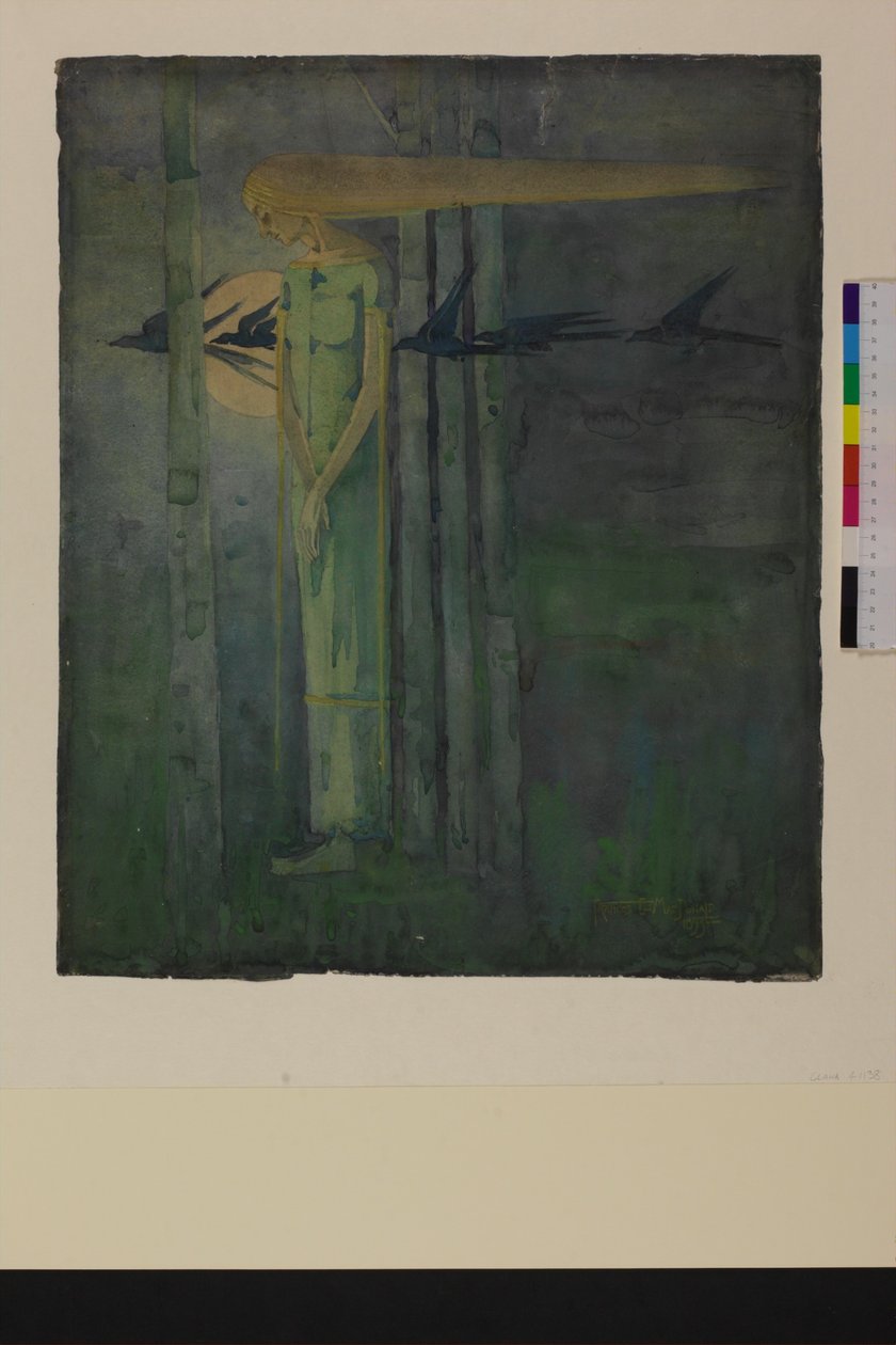 "Ill Omen", eller, "Flicka i östlig vind med korpar som passerar månen" 1893 av Frances Macdonald