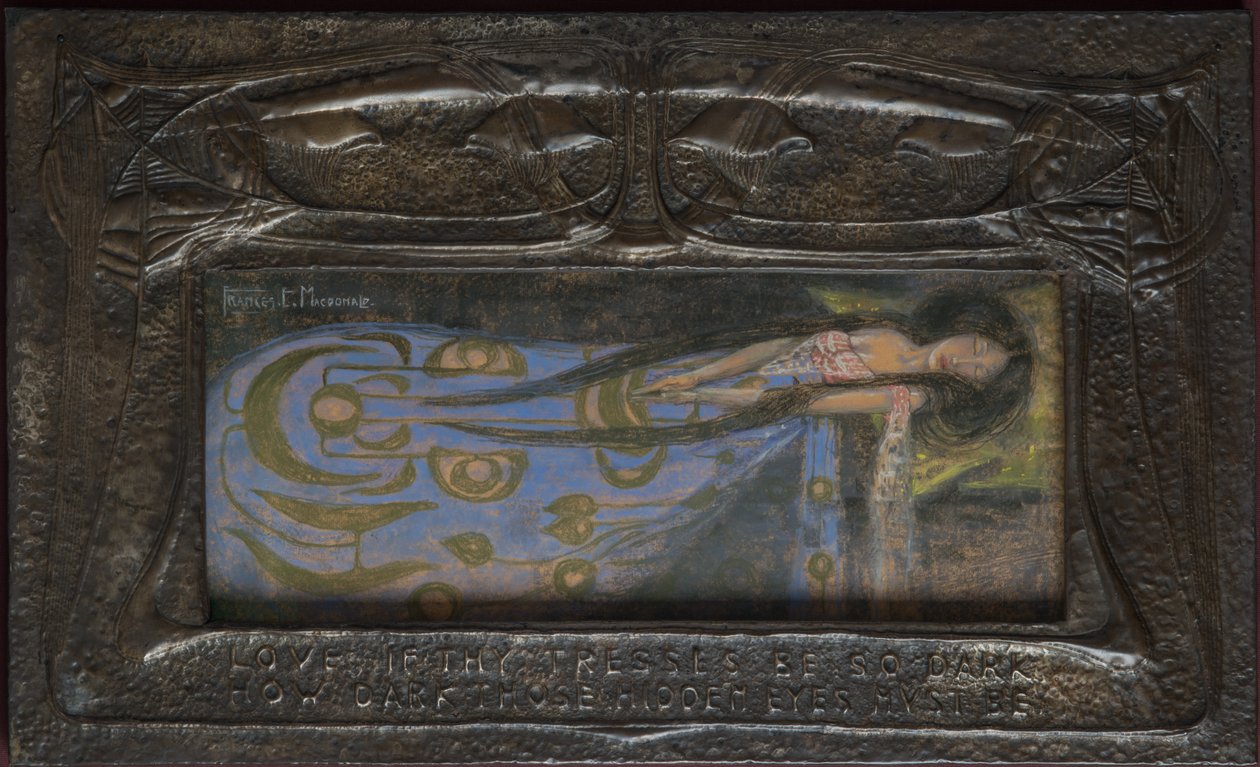 Älska om dina lockar är så mörka Hur mörka dessa dolda ögon måste vara, cirka 1896 (slagen metall) av Frances Macdonald