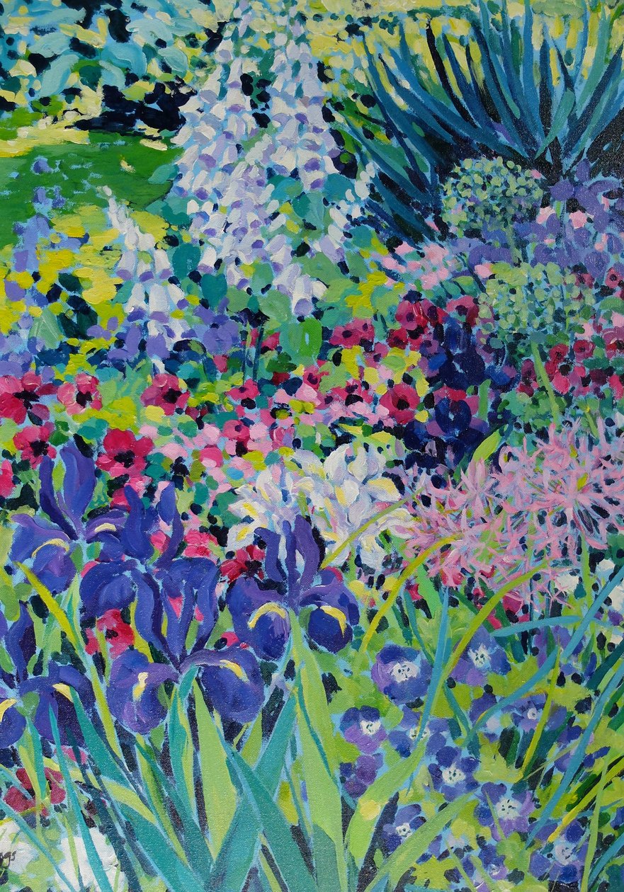 Early Summer Border (Iris and White Foxgloves), 2022 (akryl på duk) av Frances Naggs