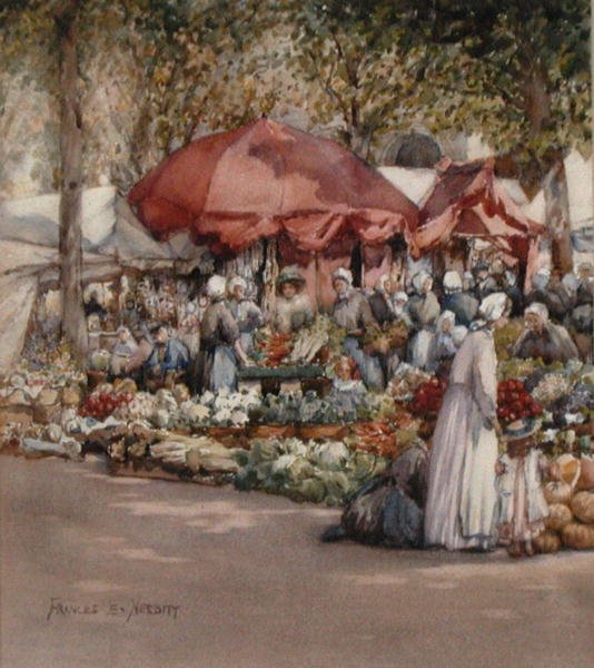 Marknadsdagen, norra Frankrike ca 1910 (akvarell på papper) av Frances Nesbitt