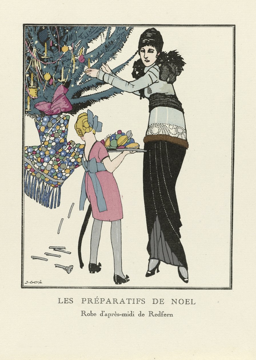 Förberedelser inför julen, pub. 1914 (stenciltryck) av Francesc Xavier Gosé