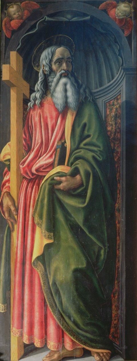 St Andrew, sidopanel från Sakramentens tabernaklet, ca 1484-86 (tempera på panel) (detalj från 94757) av Francesco Botticini