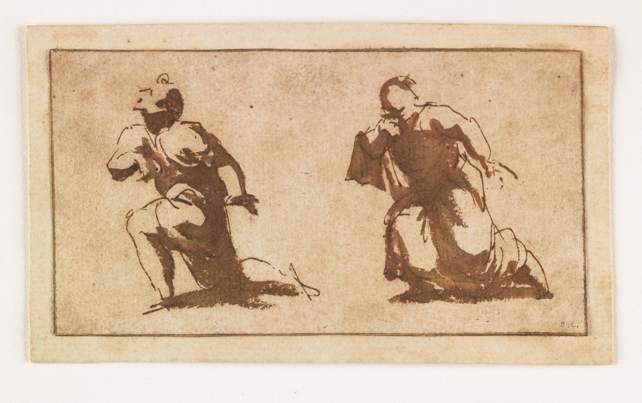 Studie av två knäböjande manliga figurer (penna, brunt bläck och tvätt) av Francesco Allegrini