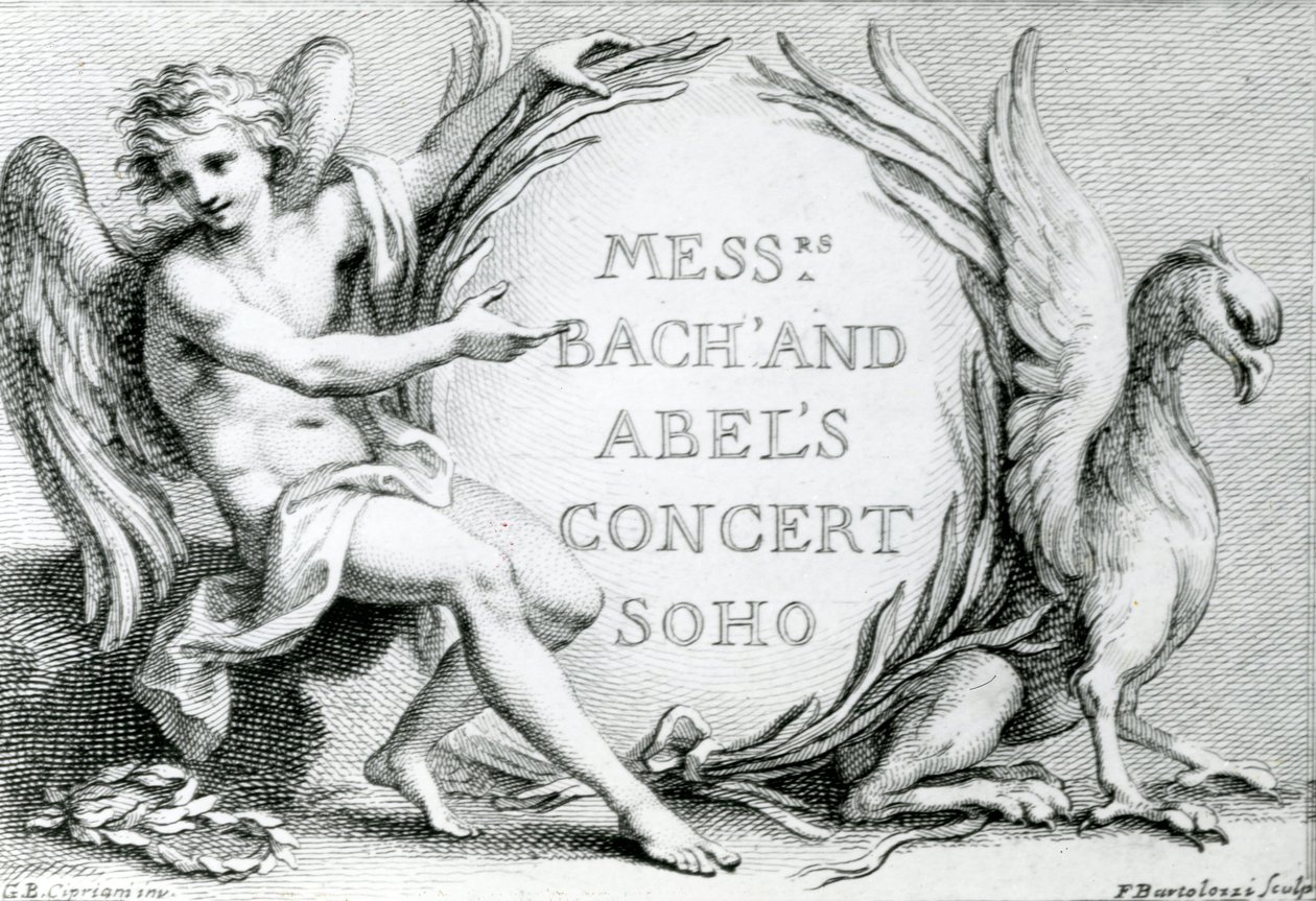 Bach och Abels konsert Soho, 1870 (gravyr) av Francesco Bartolozzi