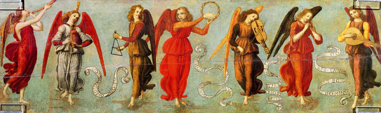 Änglar som spelar musikinstrument, ca 1475-97 (tempera på panel) av Francesco Botticini